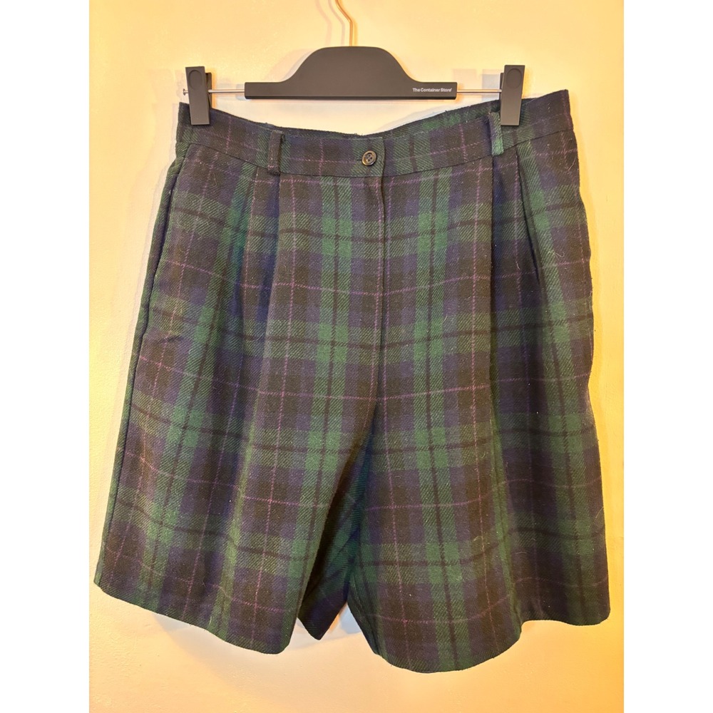 VTG Sag Harbor Green & Blue Plaid Wool Blend Walking Shorts 14 Bermuda